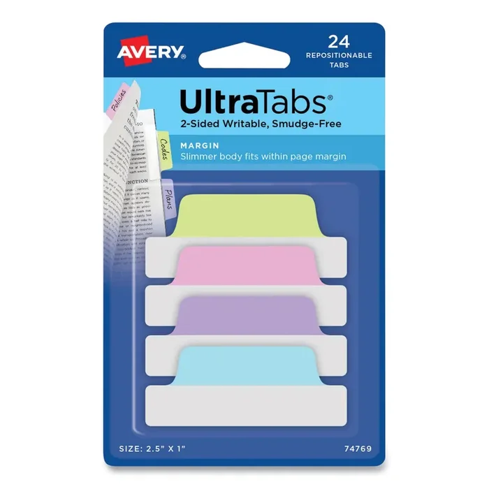 Avery® Ultra Tabs Repositionable Tabs, Margin Tabs 2.5″ x 1″, 1/5-Cut, Assorted Pastel Colors, 24/Pack
