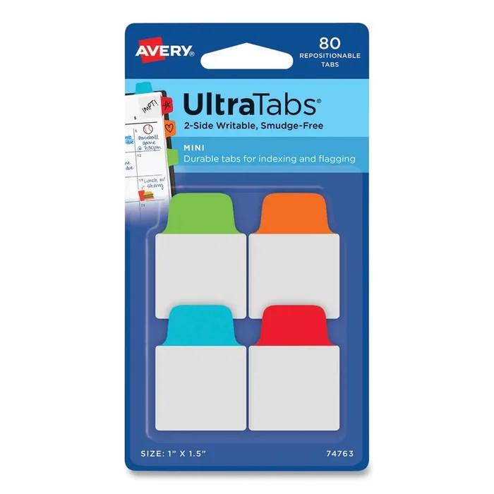 Avery® Ultra Tabs Repositionable Tabs, Mini Tabs 1″ x 1.5″, 1/5-Cut, Assorted Colors, 80/Pack