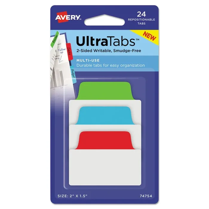 Avery® Ultra Tabs Repositionable Tabs, Standard 2″ x 1.5″, 1/5-Cut, Assorted Colors (Blue, Green and Red), 24/Pack