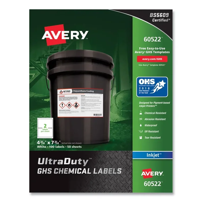 Avery® Ultraduty Ghs Chemical Waterproof And Uv Resistant Labels, 4.75 X 7.75, White, 2/sheet, 50 Sheets/pack