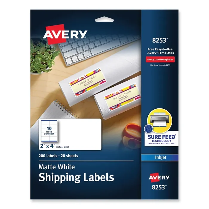 Avery® Vibrant Inkjet Color-Print Labels W/ Sure Feed, 2 X 4, Matte White, 200/pk