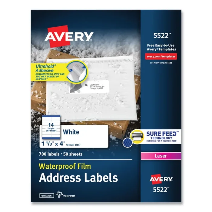 Avery® Waterproof Address Labels With Trueblock And Sure Feed, Laser Printers, 1.33 X 4, White, 14/sheet, 50 Sheets/pack