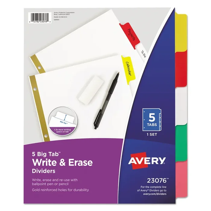 Avery® Write and Erase Big Tab Paper Dividers, 5-Tab, 11 x 8.5, White, Assorted Tabs, 1 Set