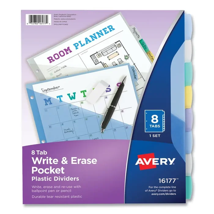 Avery® Write and Erase Durable Plastic Dividers with Slash Pocket, 3-Hold Punched, 8-Tab, 11.13 x 9.25, Assorted, 1 Set
