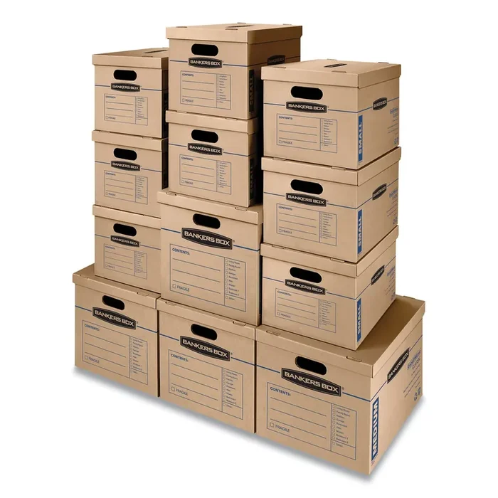 Bankers Box® SmoothMove Classic Moving/Storage Box Kit, Half Slotted Container (HSC), Assorted Sizes (8) Small, (4) Med, Brown/Blue,12/CT