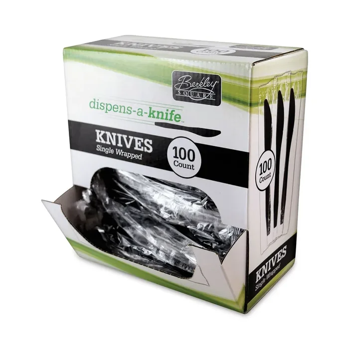 Berkley Square Dispens-a-Knife, Individually Wrapped, Mediumweight Knife, Plastic, Black, 100/Box