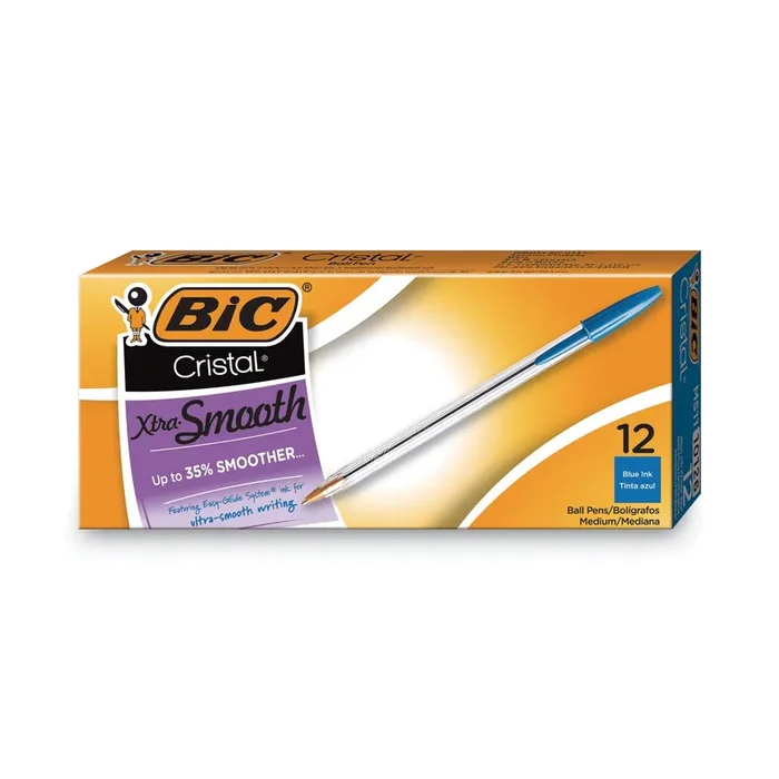 BIC® Cristal Xtra Smooth Ballpoint Pen, Stick, Medium 1 Mm, Blue Ink, Clear Barrel, Dozen