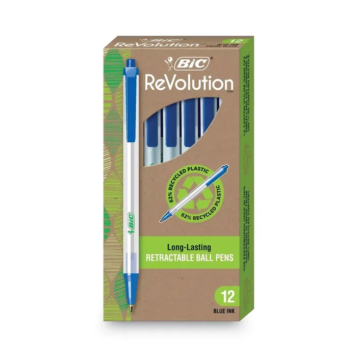 BIC® Ecolutions Clic Stic Ballpoint Pen, Retractable, Medium 1 mm, Blue Ink, Translucent Frost/Blue Barrel, Dozen