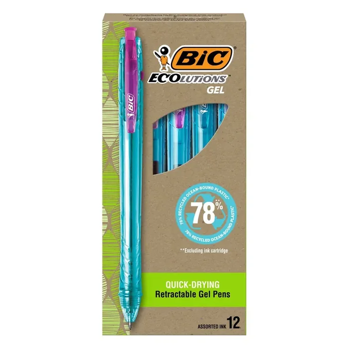 BIC® Ecolutions Gel Pen, Retractable, Medium 1 mm, Assorted Ink Colors, Blue Barrel, Dozen