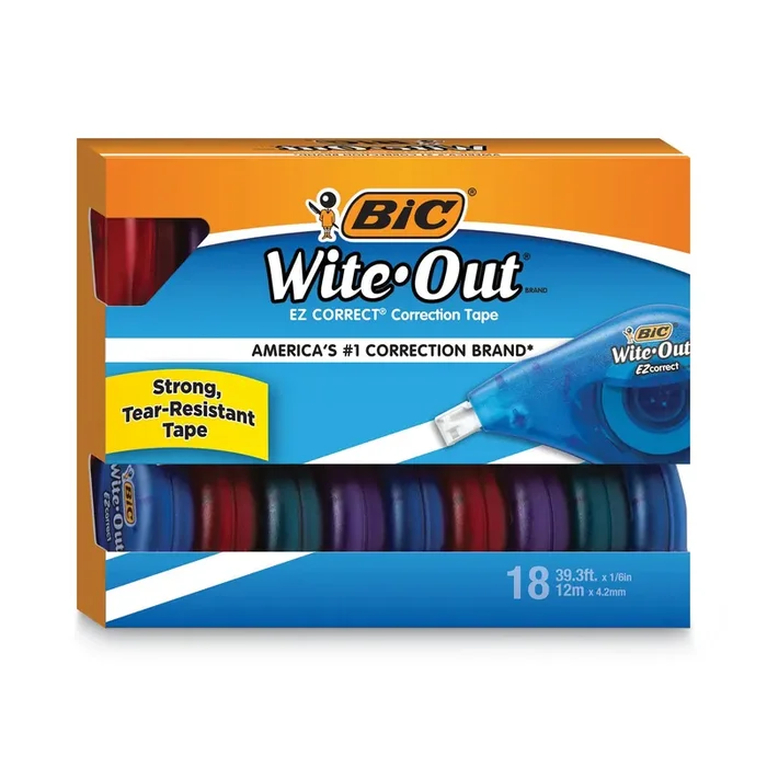 BIC® Wite-Out EZ Correct Correction Tape Value Pack, Non-Refillable, Randomly Assorted Applicator Colors, 0.17″ x 472″, 18/Pack