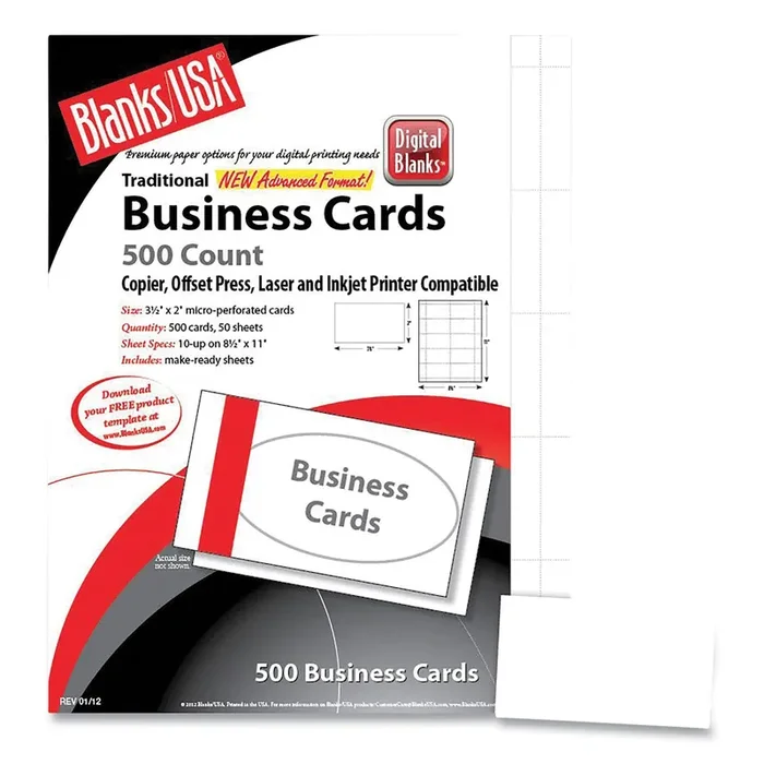 Blanks/USA® Printable Microperforated Business Cards, Copier/inkjet/laser/offset, 2 X 3.5, White, 2,500 Cards, 10/sheet, 250 Sheets/pack
