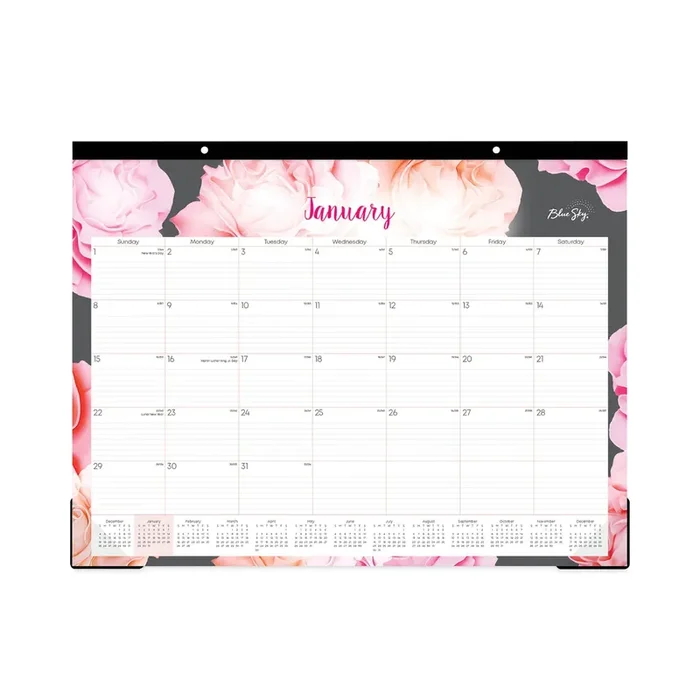 Blue Sky® Joselyn Desk Pad, Rose Artwork, 22 x 17, White/Pink/Peach Sheets, Black Binding, Clear Corners, 12-Month (Jan to Dec) 2025