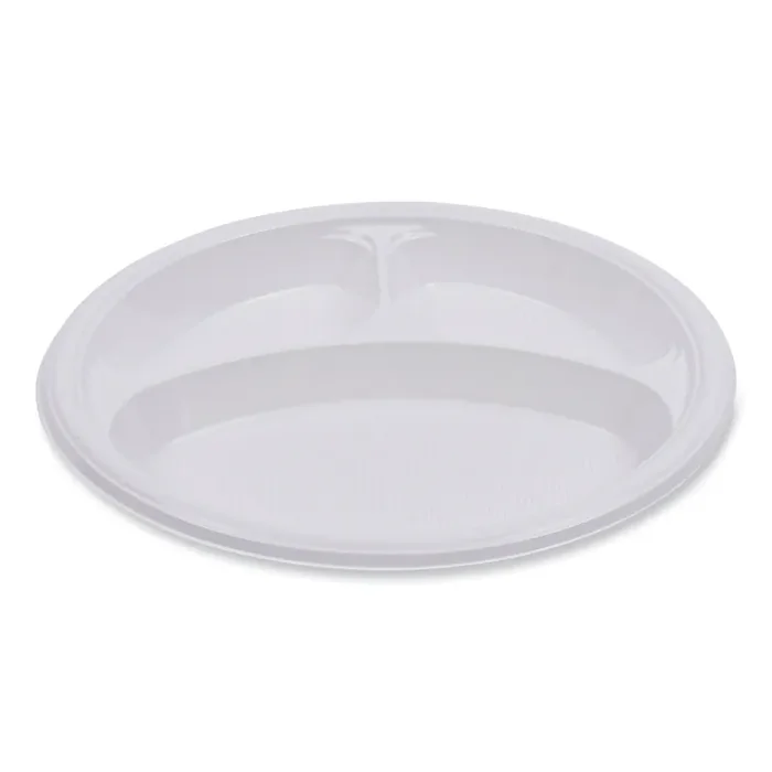 Boardwalk® Hi-Impact Plastic Dinnerware, 3-Compartment Plate, 10″ dia, White, 500/Carton