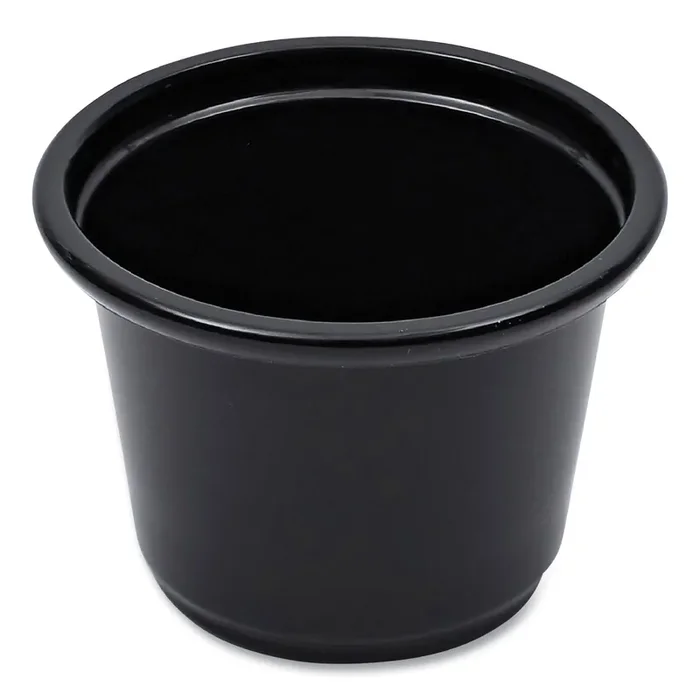 Boardwalk® Souffle/Portion Cups, 1 oz, Plastic, Black, 125/Sleeve, 20 Sleeves/Carton