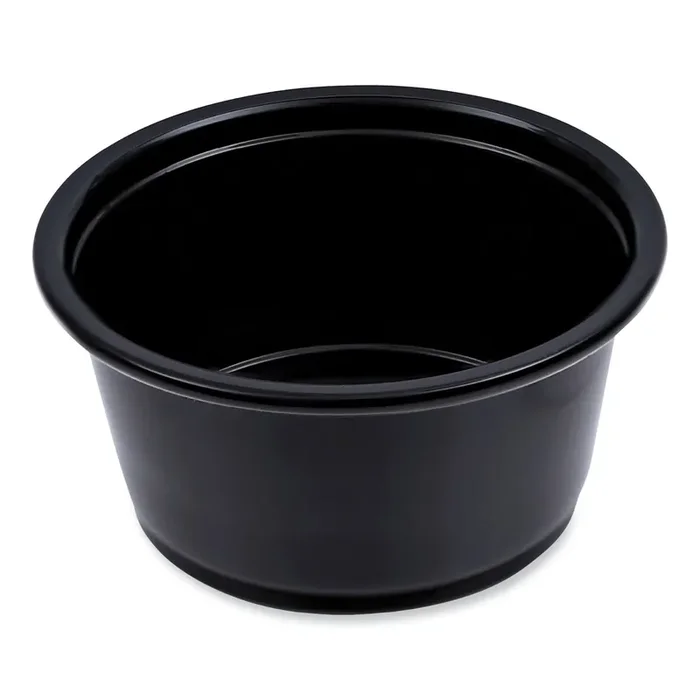 Boardwalk® Souffle/Portion Cups, 2 oz, Plastic, Black, 125/Sleeve, 20 Sleeves/Carton