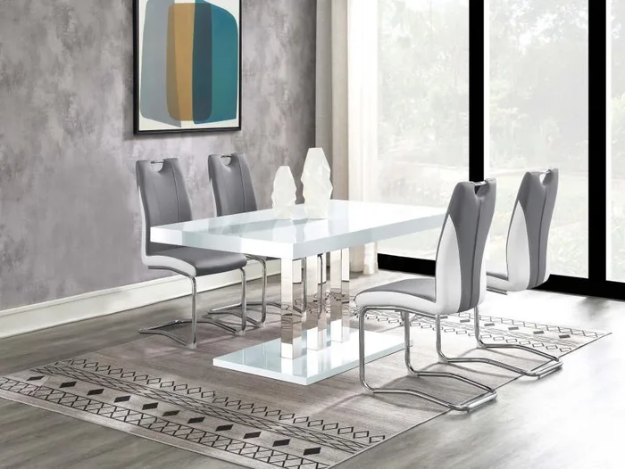 Brooklyn 5-Piece Rectangular Dining Set in White High Gloss – Modern Dining Table with 4 Two-Tone Gray & White Cantilever Chairs, Chrome Base
