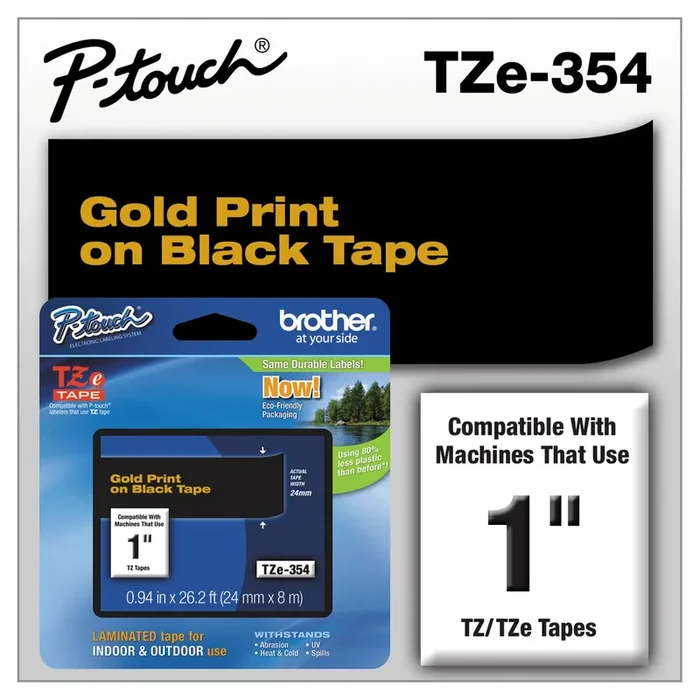 Brother P-Touch® Tze Standard Adhesive Laminated Labeling Tape, 0.94″ X 26.2 Ft, Gold On Black