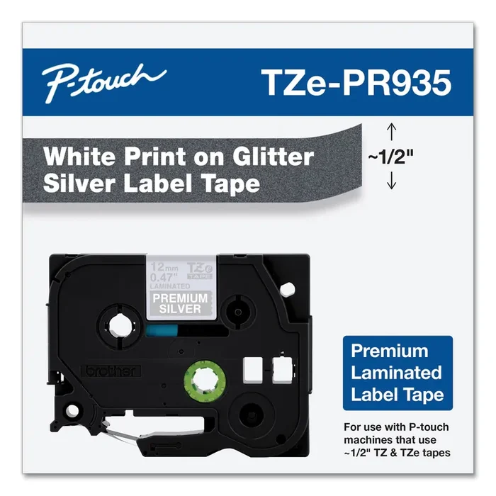 Brother Tze Premium Laminated Tape, 0.47″ X 26.2 Ft, White On Silver