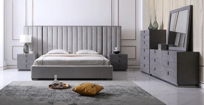 Califonia King Modrest Buckley Grey & Black Stainless Steel Bedroom Set