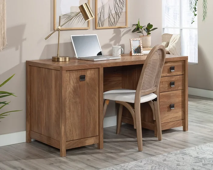 Cannery Bridge Computer Desk in Sindoori Mango – Herringbone Top Office Desk with 3 Drawers, CPU Cabinet, File Storage & Cord Management System