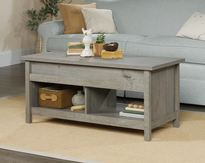 Cannery Bridge Lift Top Coffee Table in Mystic Oak – Hidden Storage, Open Shelves & Convertible Surface for Work or Dining – Sauder Coffee Table