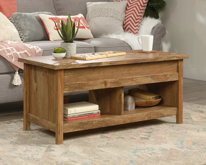 Cannery Bridge Lift-Top Coffee Table in Sindoori Mango – Hidden Storage, Open Shelf, Herringbone Top & Multipurpose Lift Surface for Living Room