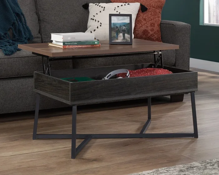 Canton Lane Lift-Top Coffee Table in Brew Oak & Grand Walnut – Industrial Design with Hidden Storage & Metal Frame Stability