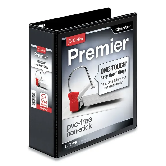 Cardinal® Premier Easy Open Clearvue Locking Slant-D Ring Binder, 3 Rings, 3″ Capacity, 11 X 8.5, Black