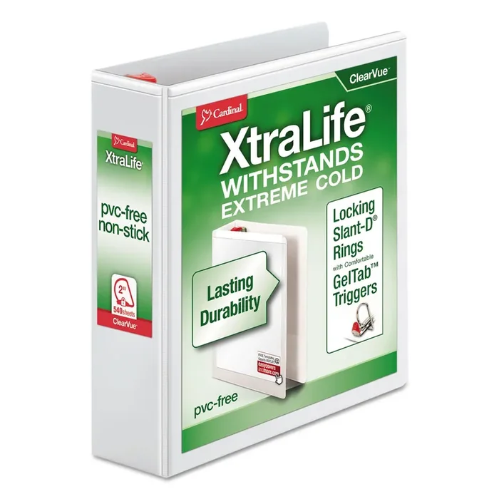 Cardinal® XtraLife ClearVue Non-Stick Slant-D Ring Binder, 3 Rings, 2″ Capacity, 11 x 8.5, White