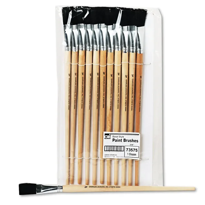 Charles Leonard® Long Handle Easel Brush, Size 18, Natural Bristle, Flat Profile, 12/pack