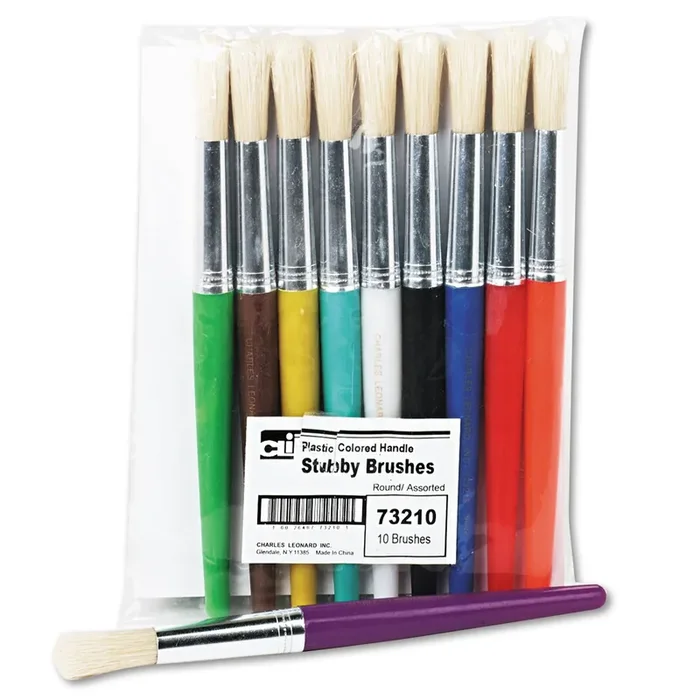 Charles Leonard® Stubby Brush Set, Natural Bristle, Round Profile, 10/set