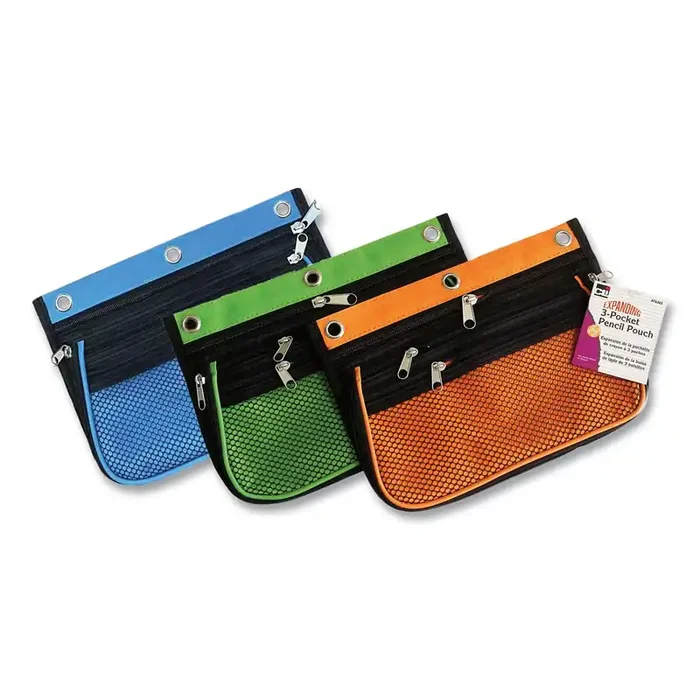Charles Leonard® Three-Pocket Binder-Insertable Expandable Pencil Pouch, 3 Compartments, 3-Hole Punched, 10.25″ x 7.5″, Assorted, 3/Pack