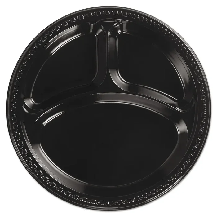Chinet® Heavyweight Plastic 3-Compartment Plates, 10.25″ dia, Black, 125/Pack, 4 Packs/Carton