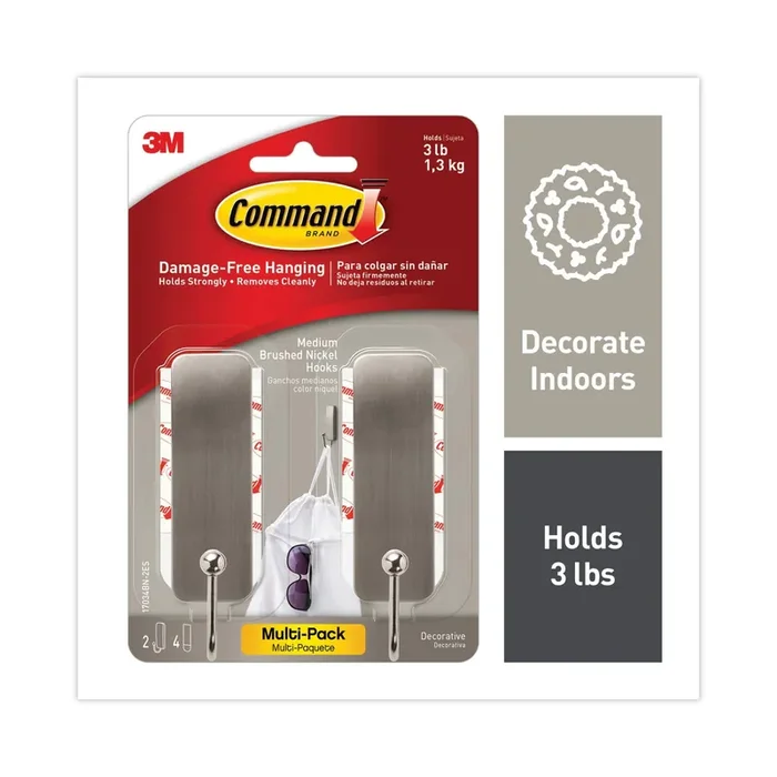 Command™ Decorative Hooks, Medium, Metal, Brushed Nickel, 3 lb Capacity, 2 Hooks and 4 Strips/Pack