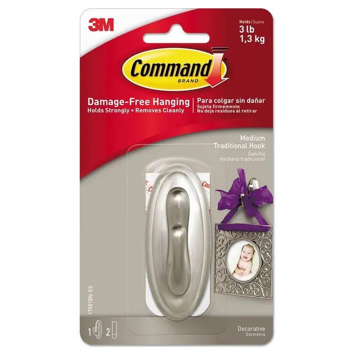 Command™ Decorative Hooks, Traditional, Medium, Plastic, Brushed Nickel, 3 lb Capacity, 1 Hook and 2 Strips/Pack