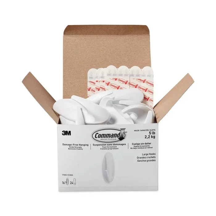 Command™ Designer Hooks, Large, Plastic, White, 5 lb Capacity, 16 Hooks and 24 Strips/Pack