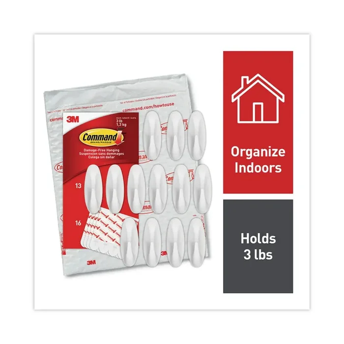 Command™ Designer Hooks, Medium, Plastic, White, 3 lb Capacity, 13 Hooks and 16 Strips/Pack