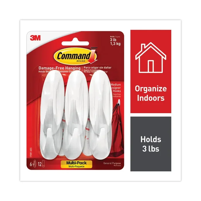 Command™ Designer Hooks, Medium, Plastic, White, 3 lb Capacity, 6 Hooks and 12 Strips/Pack