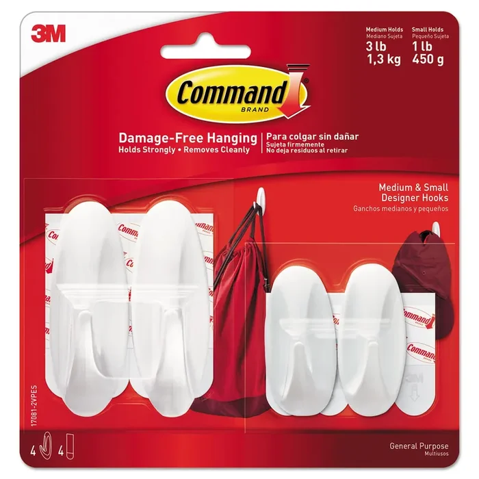 Command™ General Purpose Designer Hooks, Small/Medium, Plastic, White, 1lb and 3 lb Capacities, 4 Hooks and 4 Strips/Pack