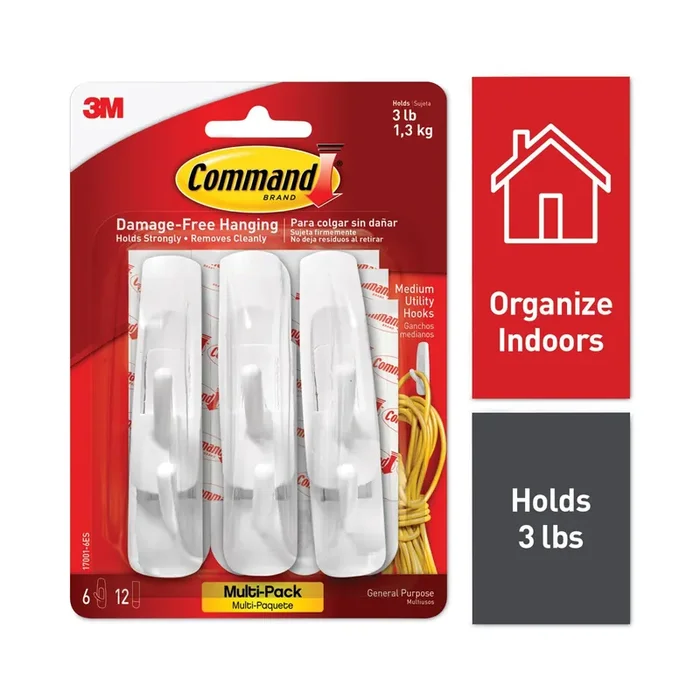 Command™ General Purpose Hooks Multi-Pack, Medium, Plastic, White, 3 lb Capacity, 6 Hooks and 12 Strips/Pack