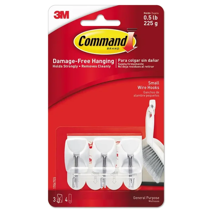 Command™ General Purpose Wire Hooks, Small, Metal, White, 0.5 lb Capacity, 3 Hooks and 4 Strips/Pack