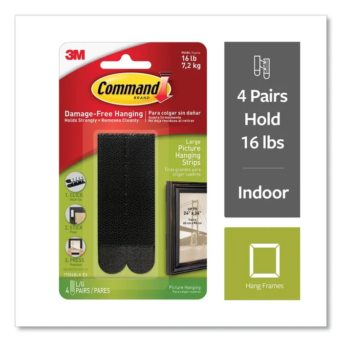 Command™ Picture Hanging Strips, Removable, Holds Up To 4 Lbs Per Pair, 0.75 X 3.65, Black, 4 Pairs/pack
