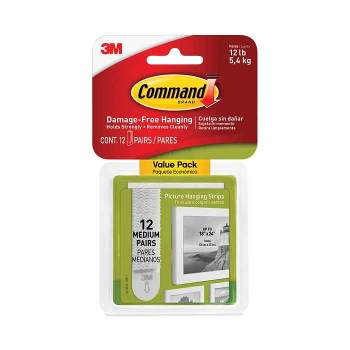 Command™ Picture Hanging Strips, Value Pack, Medium, Removable, Holds Up To 12 Lbs, 0.75 X 2.75, White, 12 Pairs/pack