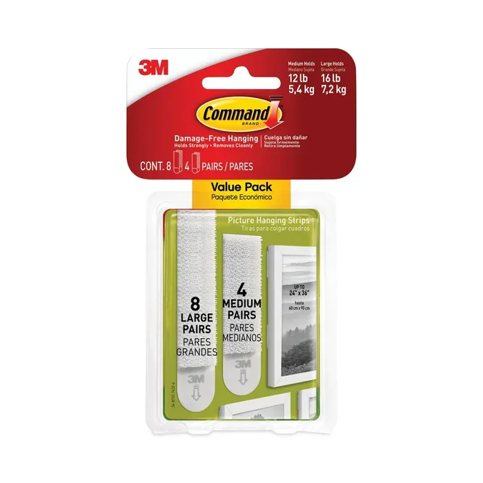 Command™ Picture Hanging Strips, Value Pack, Removable, (8) Large 0.63 X 3.63 Pairs, (4) Medium 0.5 X 2.75 Pairs, White