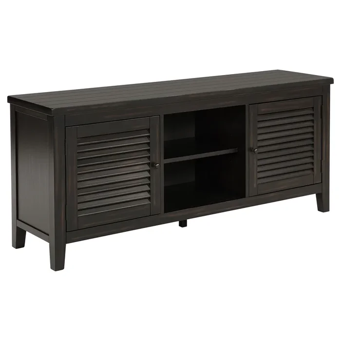 Concord 60-Inch 2-Door TV Stand Console in Distressed Java with Louvered Doors, Planked Top, Open Shelving & Cord Management for TVs up to 65-Inches