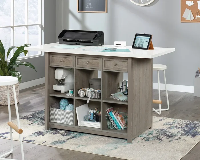 Craft Pro Series Work Table in Mystic Oak – Craft Desk with Storage Drawers, Open Shelves, and Durable White Melamine Heat/Stain-Resistant Top