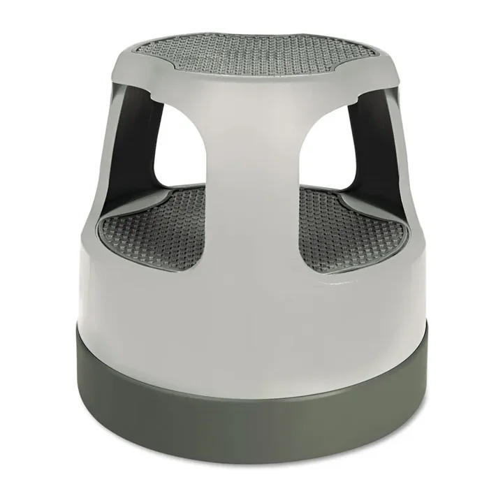Cramer® Scooter Stool, Round, 2-Step, Step and Lock Wheels, 300 lb Capacity, 15″ Working Height, Gray