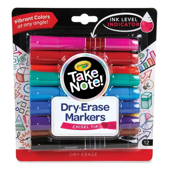 Crayola® Take Note Dry-Erase Markers, Broad, Chisel Tip, Assorted, 12/Pack