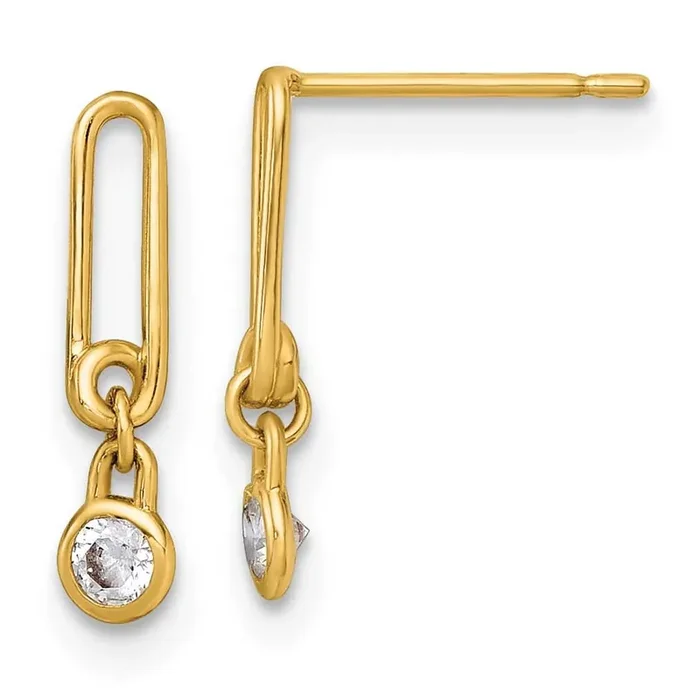 CZ Paperclip Link Post Dangle Earrings 14k Gold Polished YE2274