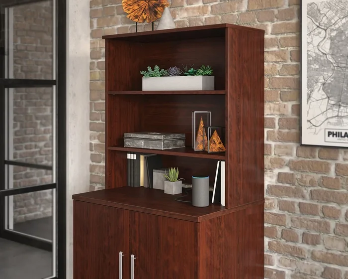 Dakota Pass Credenza – Classic Cherry Finish Office Storage Cabinet | 2-Shelf Hutch for Files, Binders, Awards & Decor | Sauder Commercial Desk Hutch
